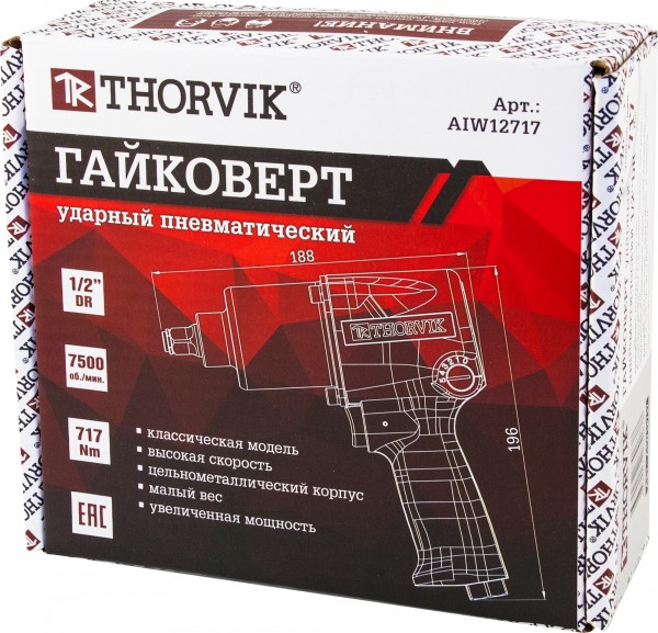 Гайковерт ударный пневматический Thorvik 1/2"DR 7500 об/мин, 717 Nm  AIW12717