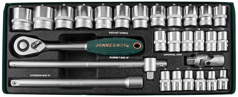 Набор головок торцевых 1/2 DR 8-34 мм., с аксессуарами, 28 предметов Jonnesway S04H4728S