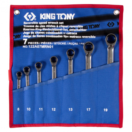 Набор комбинированных трещоточных ключей King Tony 8-19 мм, с флажком, чехол из теторона, 7 предметов King Tony