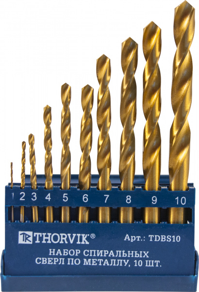 Набор спиральных сверл по металлу HSS TiN в пластиковый кейсе, 10 предметов ThorvikTDBS10