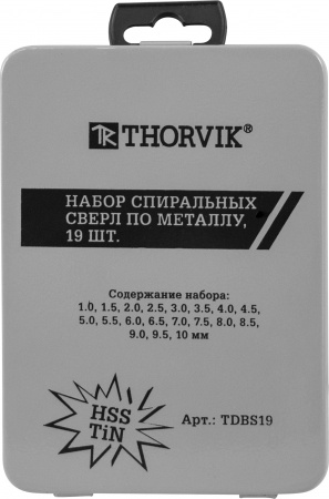 Набор спиральных сверл по металлу HSS TiN в металлическом кейсе, 19 предметов Thorvik  TDBS19