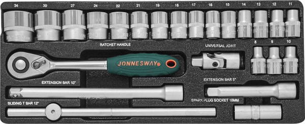 Набор головок торцевых 1/2 DR, 8-34 мм., с аксессуарами, 24 предмета Jonnesway S04H4724S