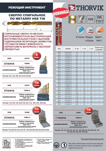 Сверло спиральное по металлу HSS TiN, ø 1,0 мм Thorvik TDB010NTB